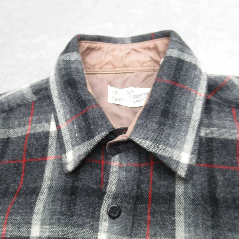 Sears Roebuck Shirt Mens Medium Gray Plaid Red Stripe Button‎ Wool Blend VTG 70s
